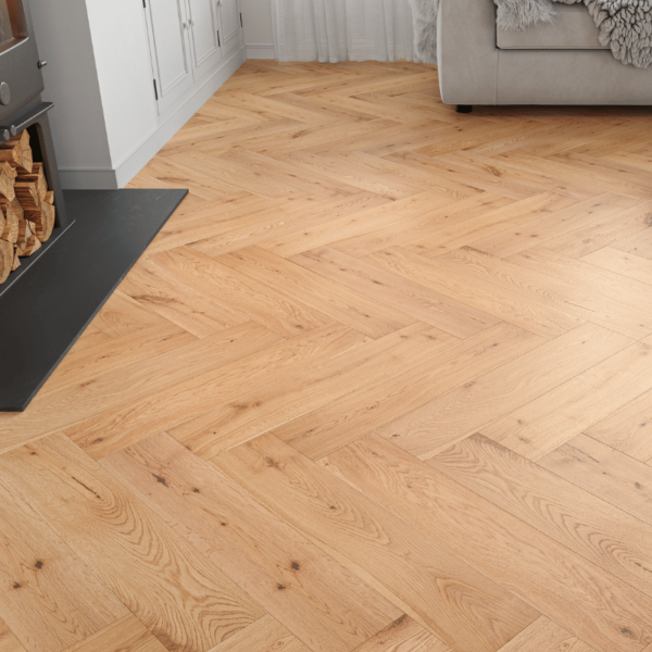 Arundel herringbone oak flooring with natural UV oil finish, rustic-grade oak planks with bevelled edges