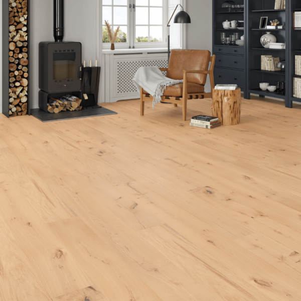 Bamburgh straight plank oak flooring with invisible UV oil finish, rustic-grade oak planks with bevelled edges
