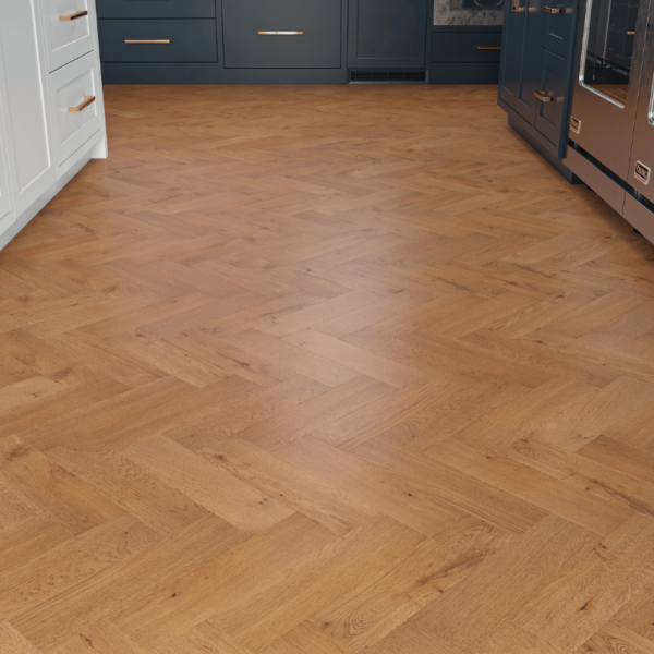 Blenheim herringbone oak flooring with golden UV oil finish, rustic-grade oak planks with bevelled edges