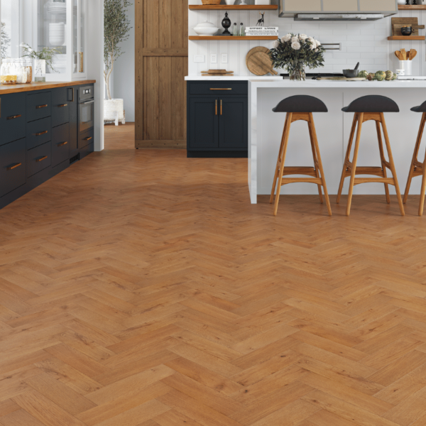 Golden brushed herringbone oak flooring with bevelled edges - Blenheim Engineered Oak