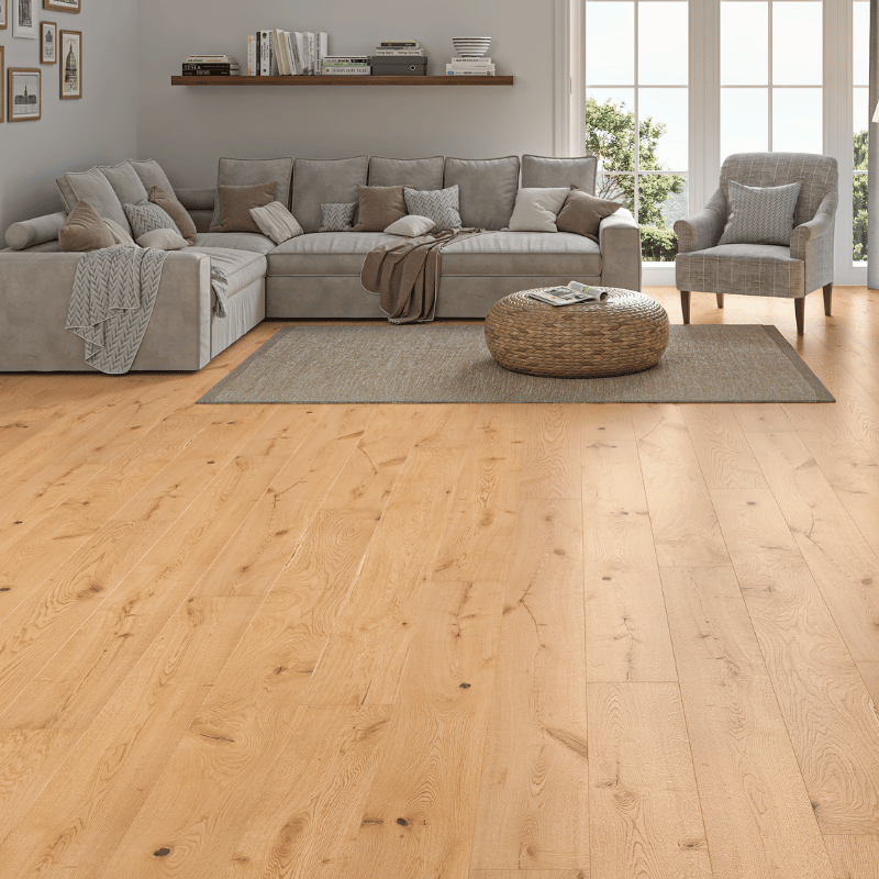 Natural smooth straight plank oak flooring with bevelled edges - Blickling Engineered Oak