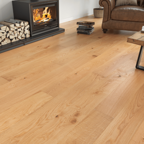 Bowood straight plank oak flooring with natural UV oil finish, rustic-grade oak planks with bevelled edges