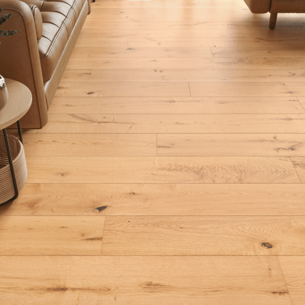Burghley straight plank oak flooring with natural UV oil finish, rustic-grade oak planks with bevelled edges