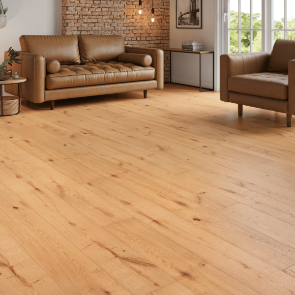 Natural brushed straight plank oak flooring with bevelled edges - Burghley Engineered Oak