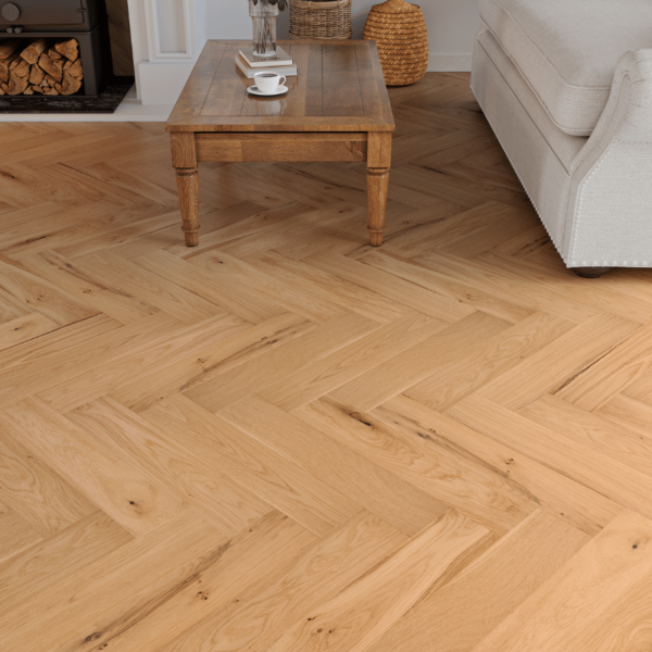 Castlehoward herringbone oak flooring with natural UV oil finish, rustic-grade oak planks with bevelled edges