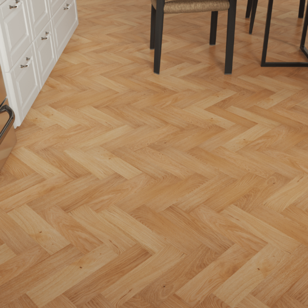 Chatsworth herringbone oak flooring with natural UV oil finish, rustic-grade oak planks with bevelled edges