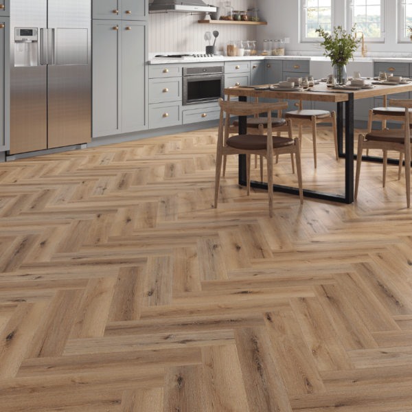 Wide room view of Devon LVT Herringbone Grey Honey Oak flooring with herringbone design and micro-beveled edges