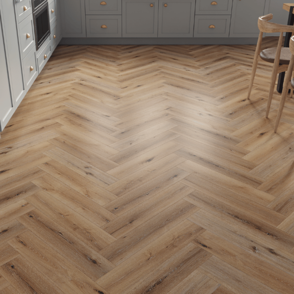 Close-up view of Devon LVT Herringbone Grey Honey Oak plank with realistic wood grain and micro-beveled edges