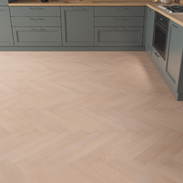 Close-up view of Dorset Herringbone Laminate White Washed Oak plank with realistic white-washed wood grain and bevelled edgesClose-up view of Dorset Herringbone Laminate White Washed Oak plank with realistic white-washed wood grain and bevelled edges