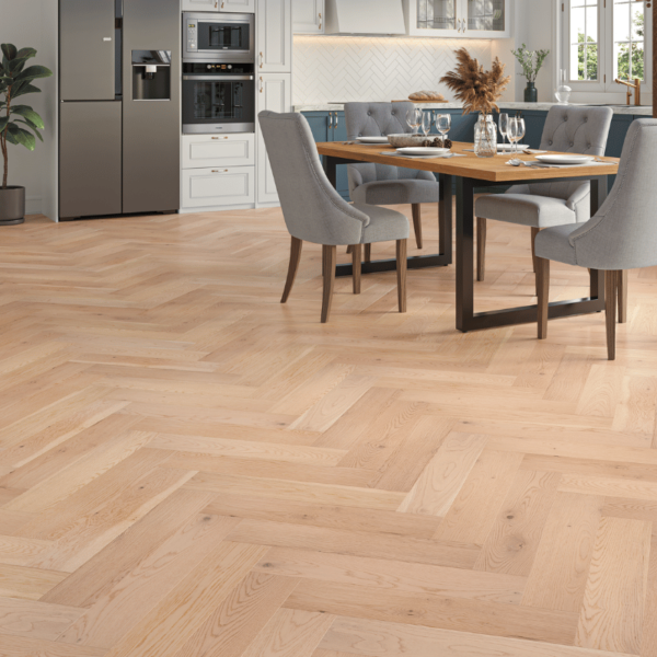 Invisible smooth herringbone oak flooring with bevelled edges - Dunham Engineered Oak