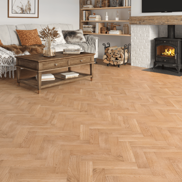 Natural smooth herringbone oak flooring with bevelled edges - Goodwood Engineered Oak