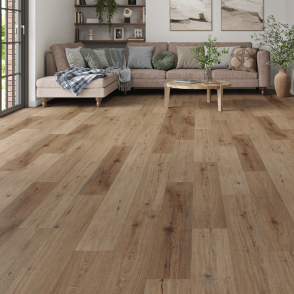 Wide room view of Hampshire LVT Aged Oak flooring with straight plank design and micro-beveled edges