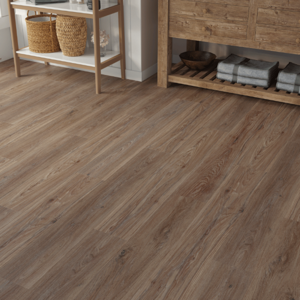 Close-up view of Hampshire LVT Antique Brown Oak plank with realistic wood grain texture and micro-bevelled edges