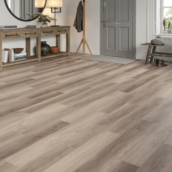 Wide room view of Hampshire LVT Light Brown Oak flooring with straight plank design and micro-bevelled edges