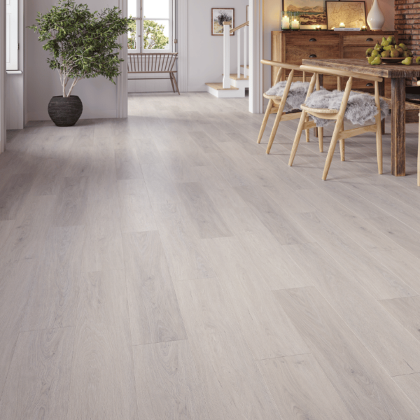 Wide room view of Hampshire LVT Light Grey Oak flooring with straight plank design and micro-bevelled edges