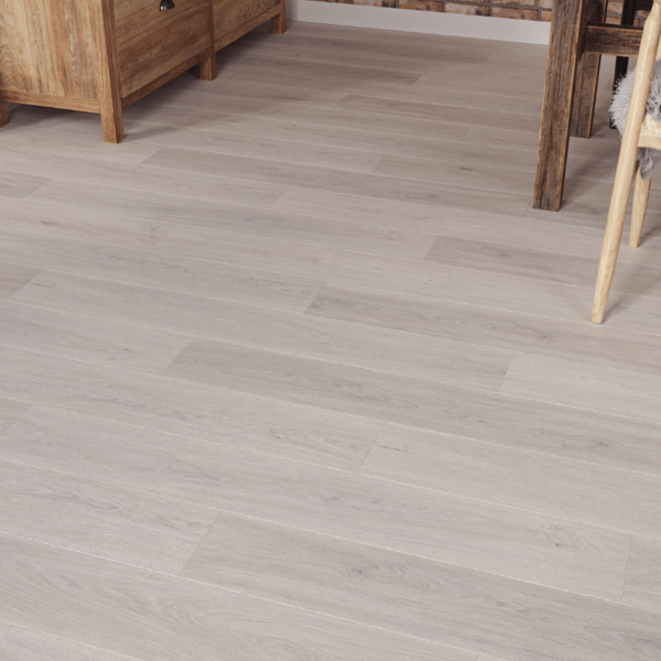 Close-up view of Hampshire LVT Light Grey Oak plank with realistic wood grain texture and micro-bevelled edges