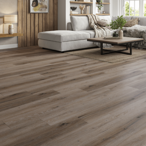 Wide room view of Hampshire LVT Smoked White Oak flooring with straight plank design and micro-bevelled edges