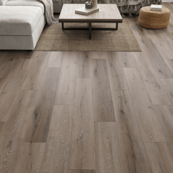 Close-up view of Hampshire LVT Smoked White Oak plank with realistic wood grain texture and micro-bevelled edges