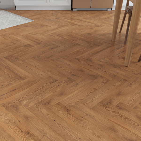 Hardwick herringbone oak flooring with golden UV oil finish, rustic-grade oak planks with bevelled edges