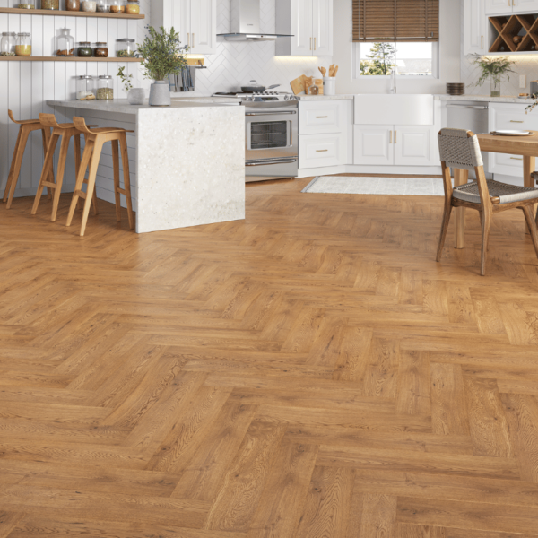 Golden brushed herringbone oak flooring with bevelled edges - Hardwick Engineered Oak