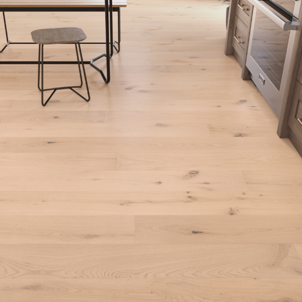 Harewood straight plank oak flooring with invisible UV lacquer finish, rustic-grade oak planks with bevelled edges