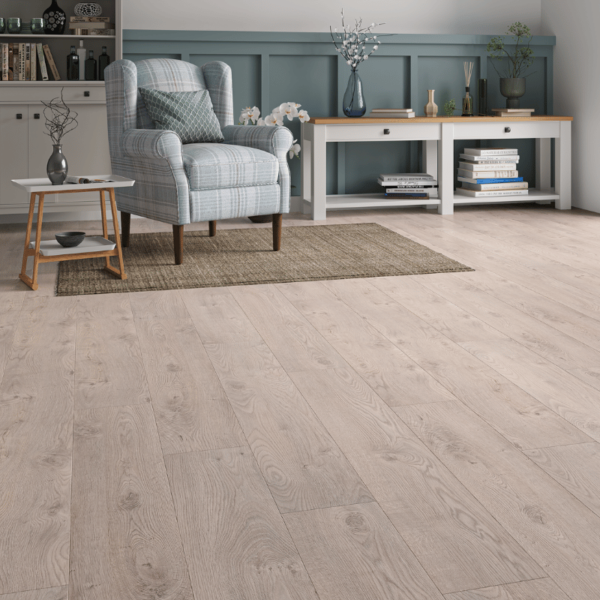 Heritage 8mm Beige Oak laminate flooring with natural wood grain and bevelled edges