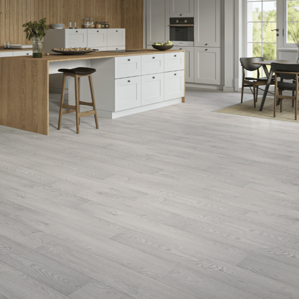 Heritage 8mm Cool Oak laminate flooring with natural wood grain and bevelled edges