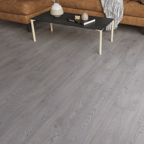 Close-up of Heritage Grey Oak 8mm laminate flooring with bevelled edges and realistic wood grain