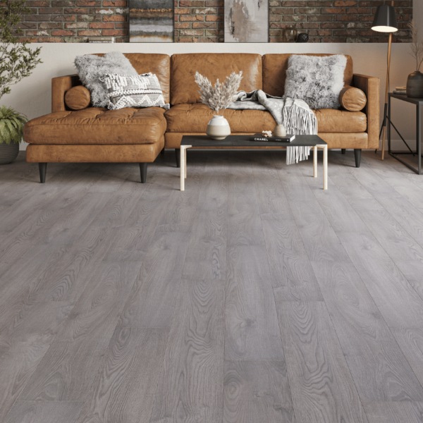 Heritage 8mm Grey Oak laminate flooring with natural wood grain and bevelled edges