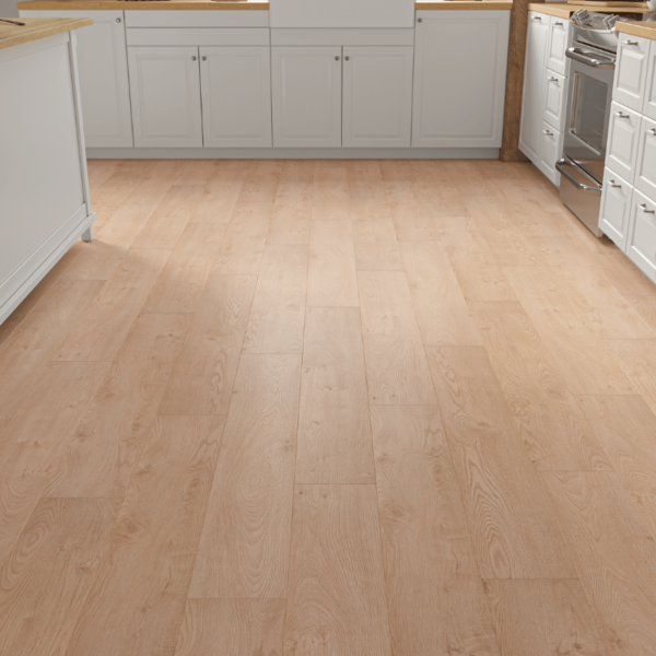 Close-up of Heritage Honey Oak 8mm laminate flooring with bevelled edges and natural wood grain