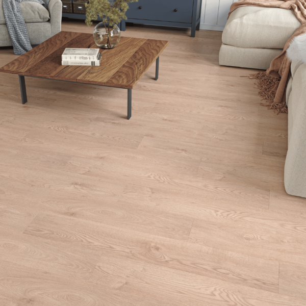 Close-up of Heritage Light Oak 8mm laminate flooring with bevelled edges and natural wood grain