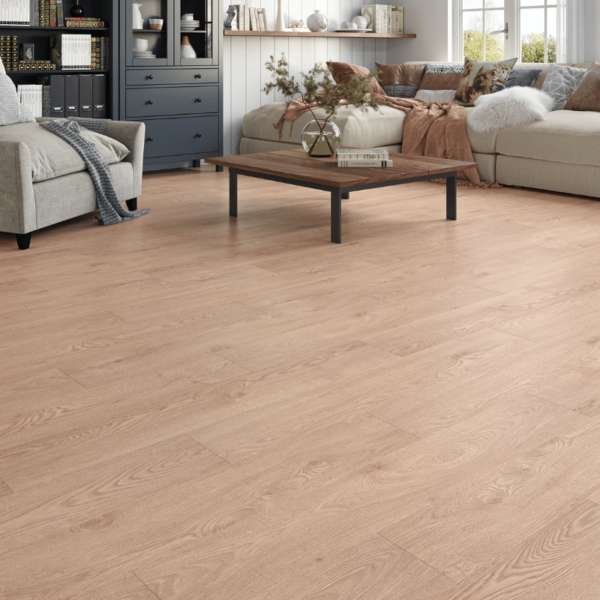 Heritage 8mm Light Oak laminate flooring with natural wood grain and bevelled edges