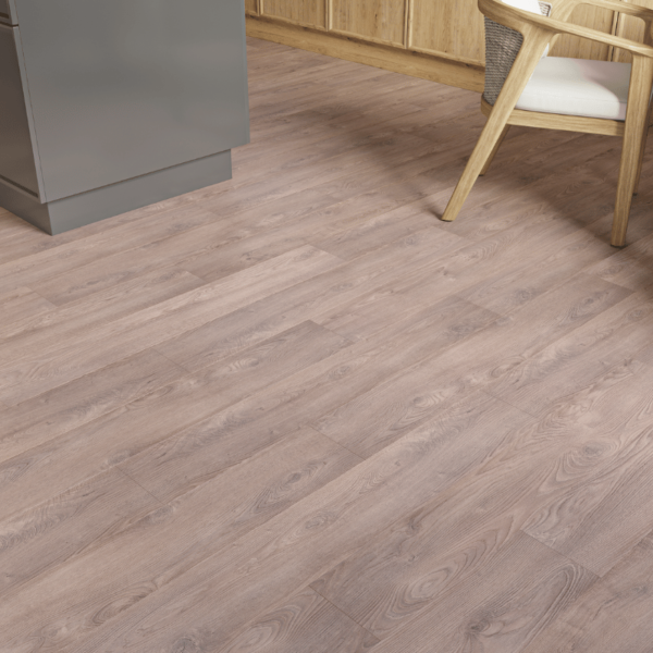 Close-up of Heritage Medium Oak 8mm laminate flooring with bevelled edges and natural wood grain