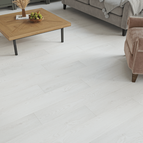 Close-up of Heritage Silver Oak 8mm laminate flooring with bevelled edges and realistic wood grain