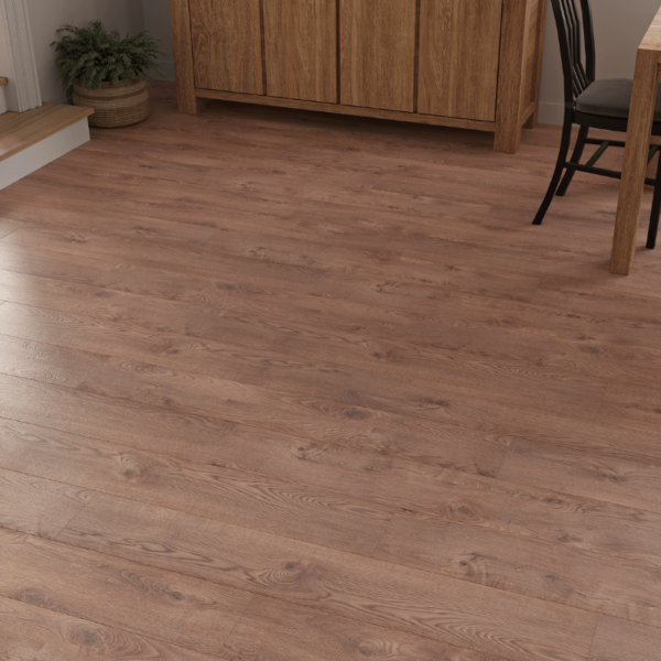 Close-up of Heritage Warm Oak 8mm laminate flooring with bevelled edges and rich wood grain detail
