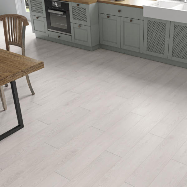 Close-up of Heritage White Oak 8mm laminate flooring with bevelled edges and natural wood grain