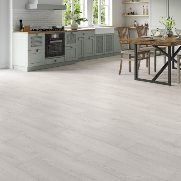 Heritage 8mm White Oak laminate flooring with natural wood grain and bevelled edges