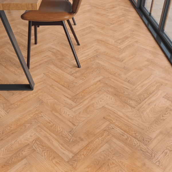 Holkham herringbone oak flooring with natural UV oil finish, rustic-grade oak planks with bevelled edges