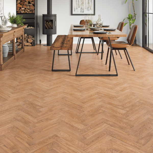 Natural smooth herringbone oak flooring with bevelled edges - Holkham Engineered Oak