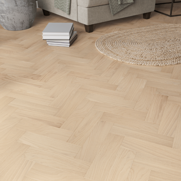 Knebworth herringbone oak flooring with invisible UV oil finish, rustic-grade oak planks with bevelled edges