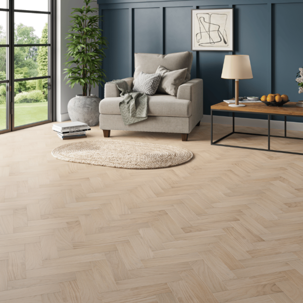 Invisible smooth herringbone oak flooring with bevelled edges - Knebworth Engineered Oak