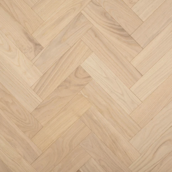 Aerial view of Knebworth Engineered Oak herringbone flooring with an invisible smooth UV oiled finish, showcasing its minimalist elegance and natural oak grain.