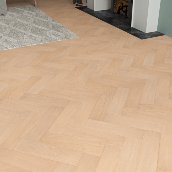 Petworth herringbone oak flooring with smooth unfinished surface, rustic-grade oak planks with bevelled edges