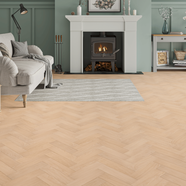 Smooth unfinished herringbone oak flooring with bevelled edges - Petworth Engineered Oak