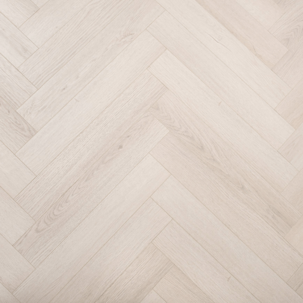 Aerial close-up of Prestige Herringbone 12mm Cool Oak laminate flooring plank, showcasing wood grain texture and V-groove edges