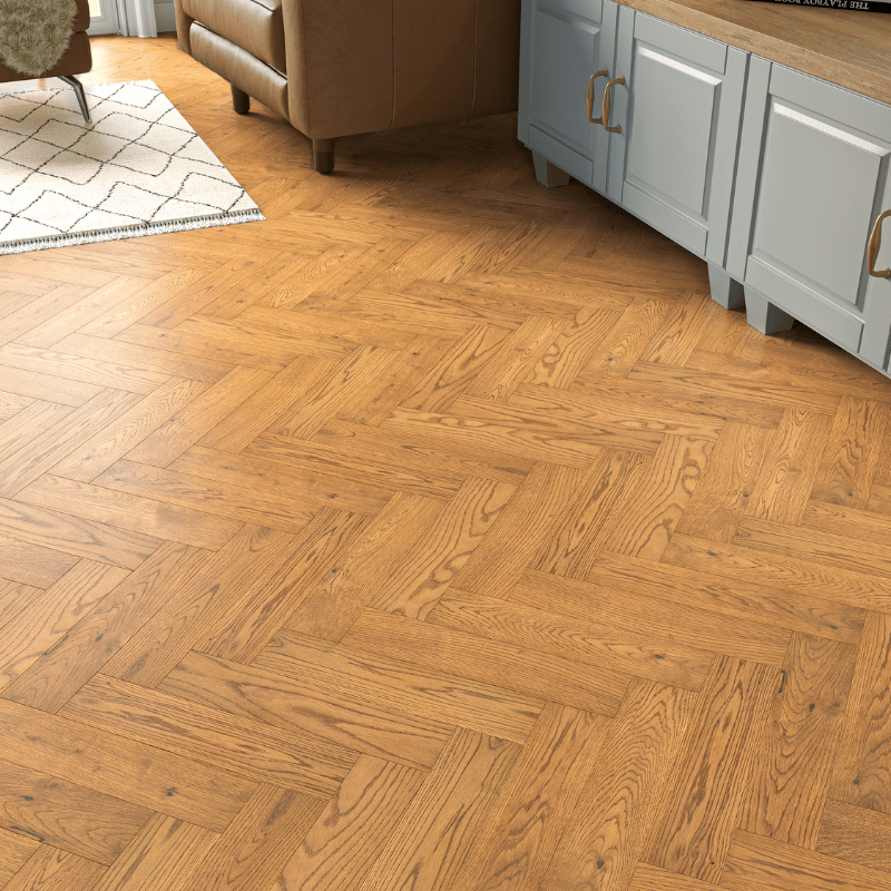 Ragleigh herringbone oak flooring with golden UV oil finish, rustic-grade oak planks with bevelled edges