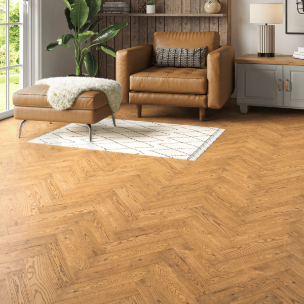 Golden brushed herringbone oak flooring with bevelled edges - Ragleigh Engineered Oak