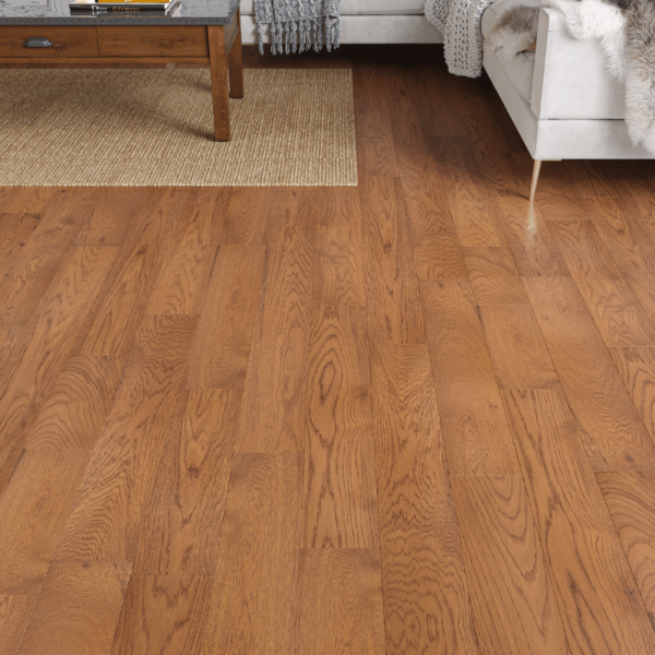 Sandringham straight plank oak flooring with golden UV oil finish, rustic-grade oak planks with bevelled edges