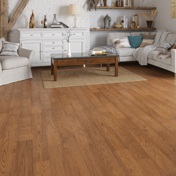 Golden brushed straight plank oak flooring with bevelled edges - Sandringham Engineered Oak