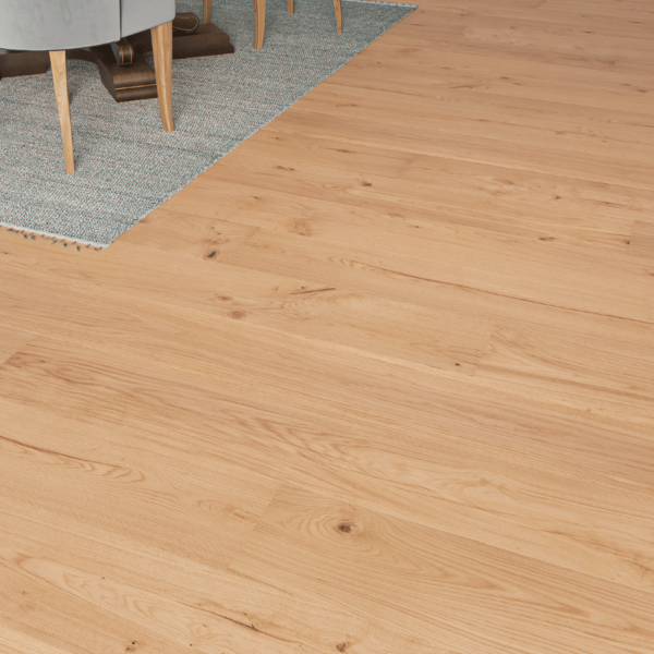 Sudeley wide plank oak flooring with natural UV oil finish, rustic-grade oak planks with bevelled edges
